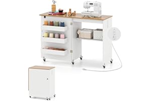 Giantex Folding Sewing Table with Charging Station, Rolling Craft Table with Storage Trays & Shelf, Foldable Sewing Machine Cabinet Desk with Lockable Wheels for Small Spaces (White & Natural)