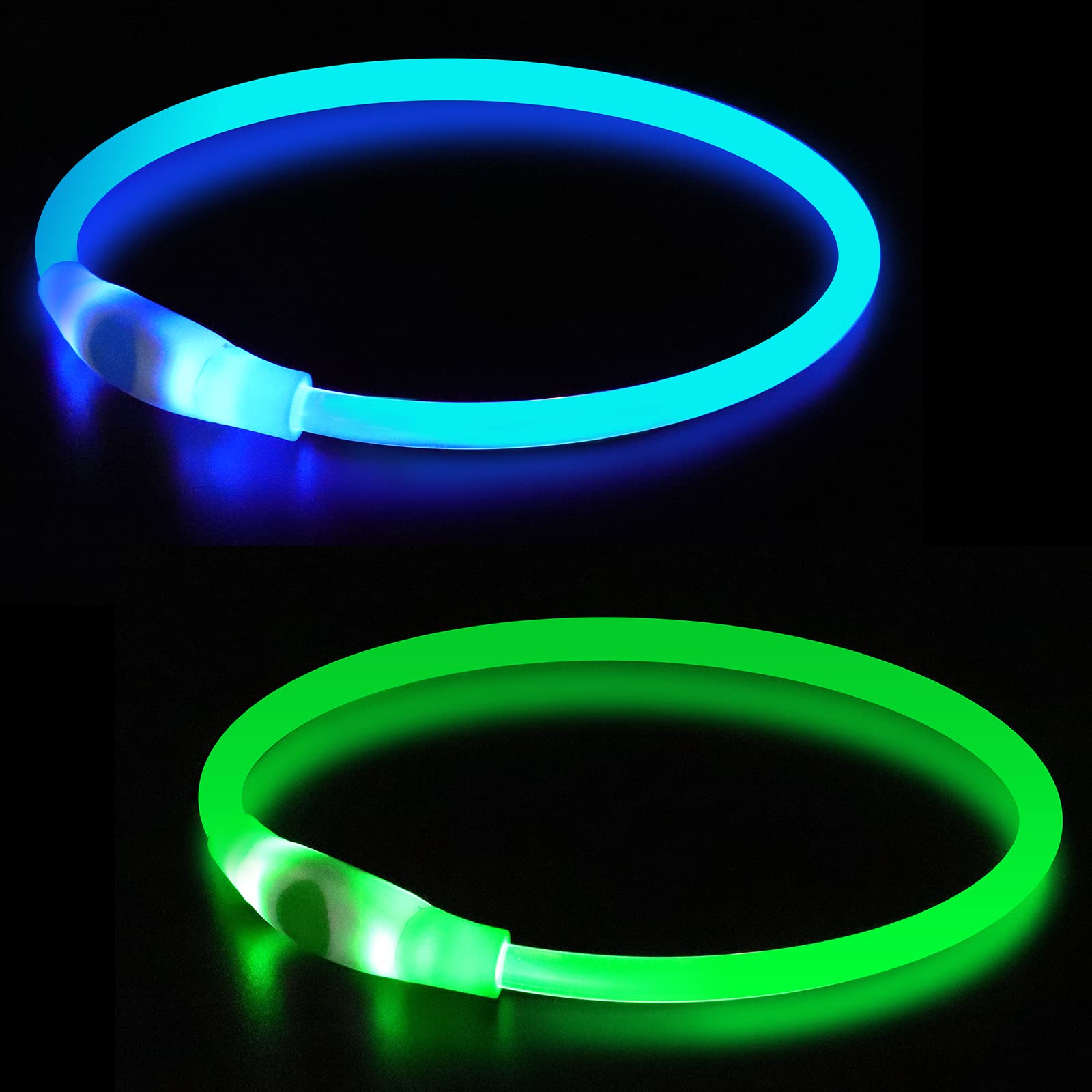 PowBear 2-pack Light up Dog Collar, Flashing LED Dog Necklace, Glow in The Dark Dog Collars, USB Rechargeable, Perfect for Any Dog(Green+Blue)