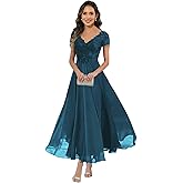 HGXUE Lace Applique Mother of Bride Dresses Tea Length Formal Cocktail Dress for Women Wedding Guest Chiffon Evening Gown
