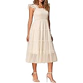 Allegra K Women's Summer Midi Tulle Dress Sleeveless Smocked Square Neck Tiered Ruffled Wedding Guest Dress
