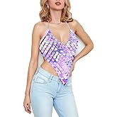 Sexy Sequin Body Chain Jewelry for Women Sparkly Metallic Outfits Backless Halter Crop Top