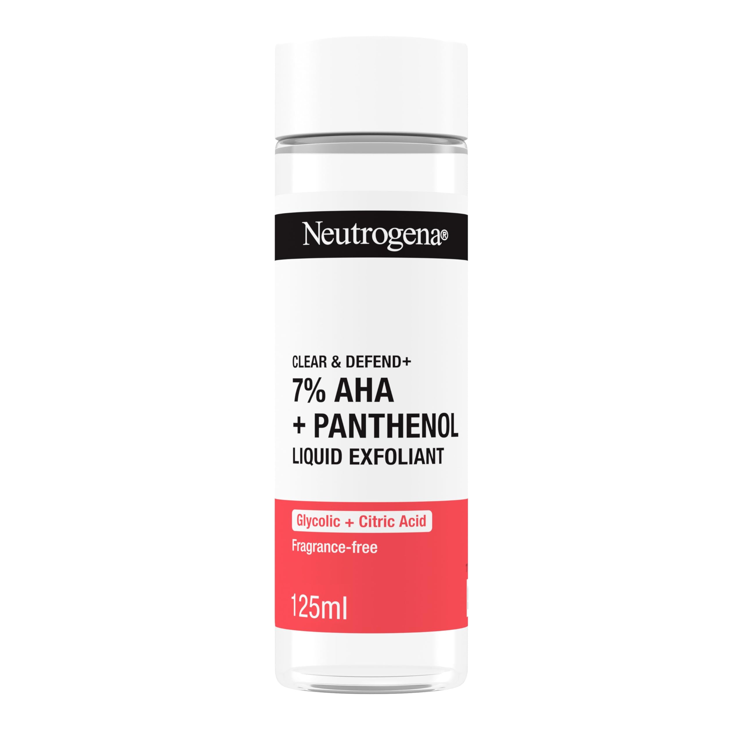 Neutrogena Clear & Defend + Liquid Exfoliant (1 x 125ml), with 7% AHA, 0.5% Panthenol, Glycolic and Citric Acid, Fragrance-Free Face Care, Exfoliates and Renews Skin, Suitable for Spot-Prone Skin