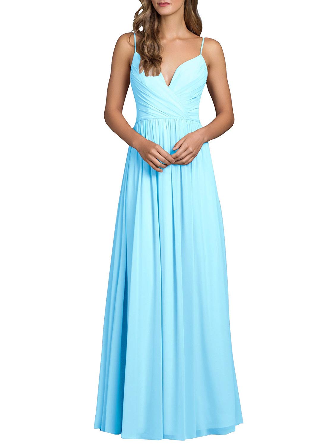 MEILISAY Women's A Line V Neck Prom Dresses Long Spaghetti Strap