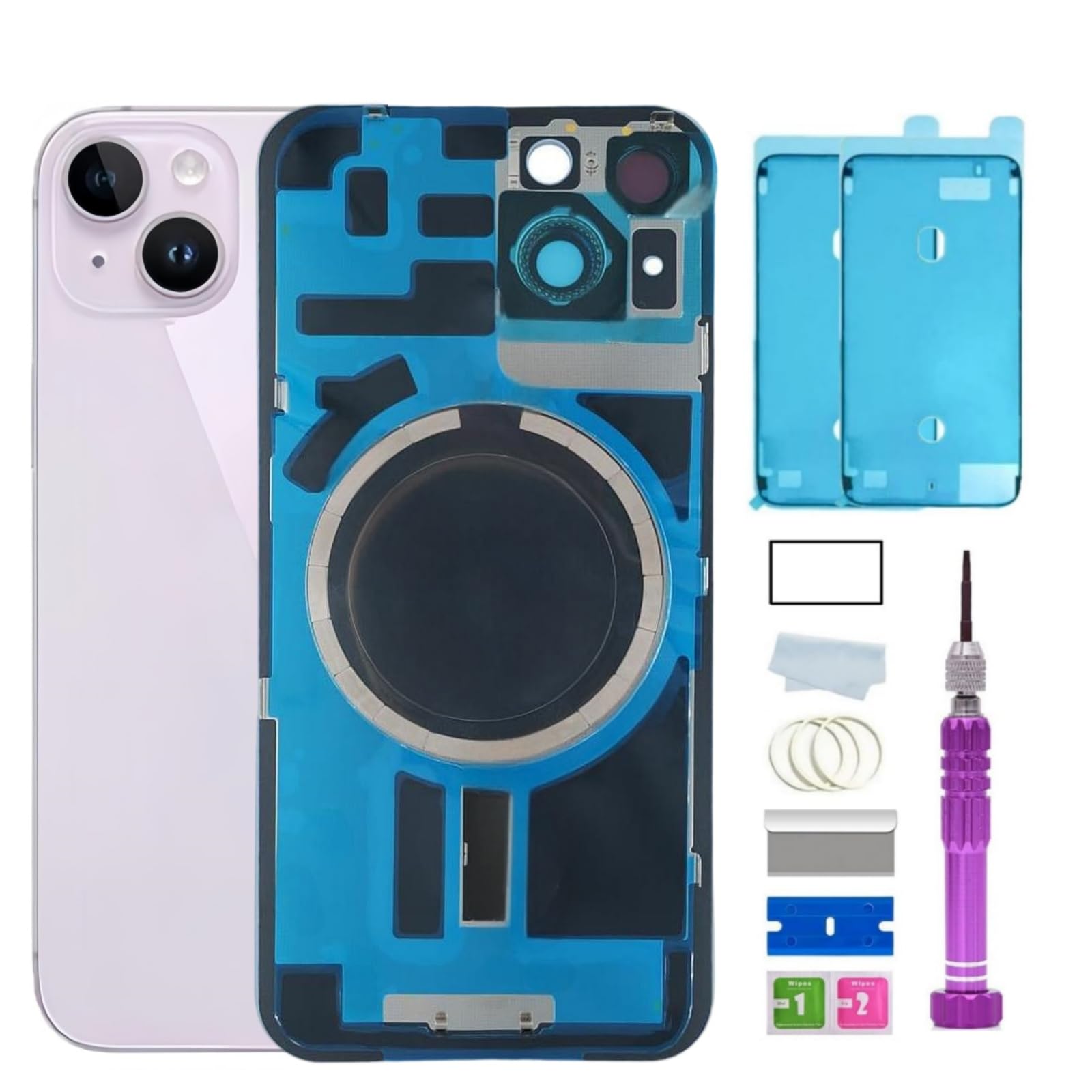 Photo 1 of 14 Back Glass Replacement for iPhone 14 Back Glass (6.1 Inches) with Pre-Installed Plate + Camera Frame + Lens + Reparing Tools (Purple)