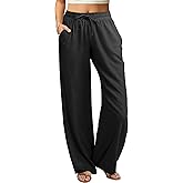 keriffe Women's Summer Casual Pants Loose Fit Beach Pants High Waist Drawstring Wide Straight Leg Palazzo Trousers Pockets
