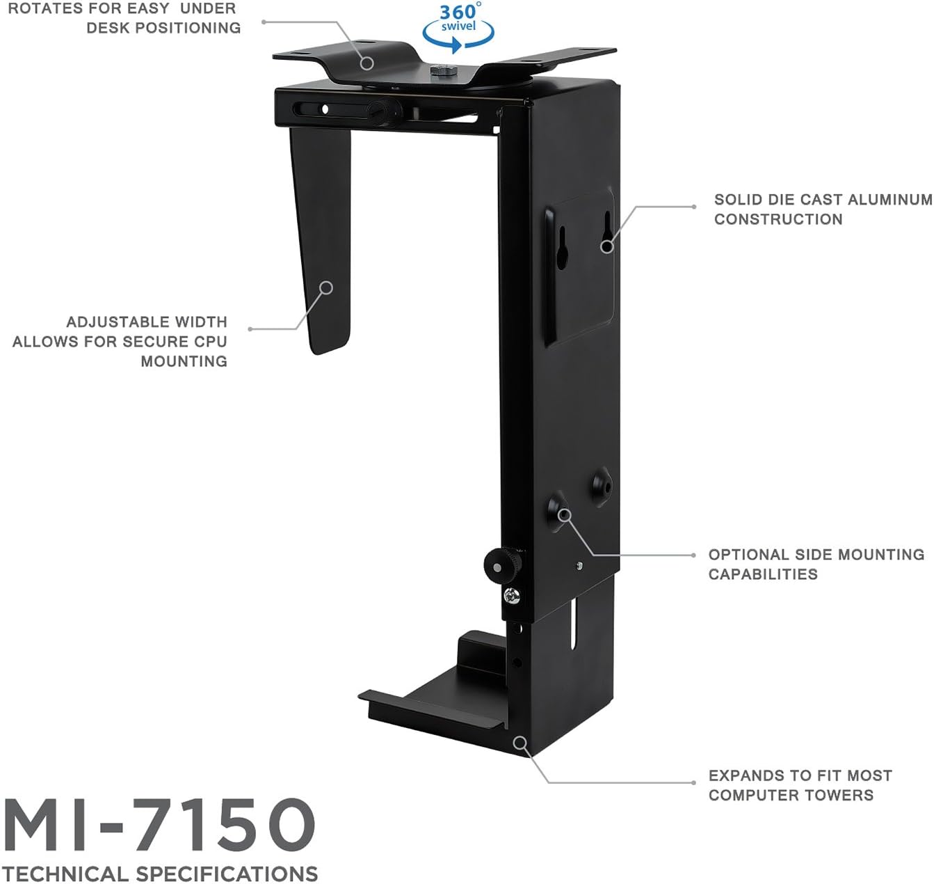 CPU Under Desk Mount Bracket - Computer Tower Wall and Under Counter Holder, 360 Degree Swivel Adjustable Height and Width Wall-Mountable : Office Products