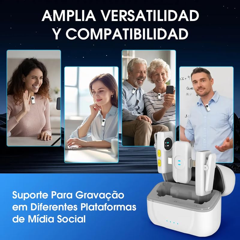 Microfone de Lapela Sem Fio Anti Ruído 48kHz/24bit com Ímã Duplo Lightning/Tipo C Bateria 40h para Gravação de Vídeo e Streaming