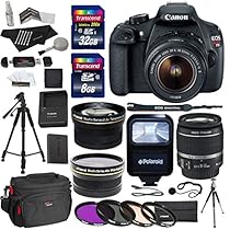 Canon EOS Rebel T5 EF-S 18-55mm f/3.5-5.6 IS STM Lens + Polaroid .43 Wide Angle & Telephoto Lens + Transcend 32GB 8GB Memory Cards + Filter Set + Flash + 57