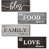 Creoate 4 Pieces Kitchen Signs Wall Decor, Bless Food Family Love Signs for Home Farmhouse Rustic Decor, Wood Wall Hanging De