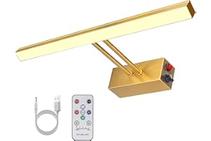 RAIFOOLLY Picture Light,Wireless Battey Operated 5000mAh, 17" Brass Picture Light with Remote, Timmer and Dimmable Art Lights for Paintings, Display Light for Wall Frame Portrait