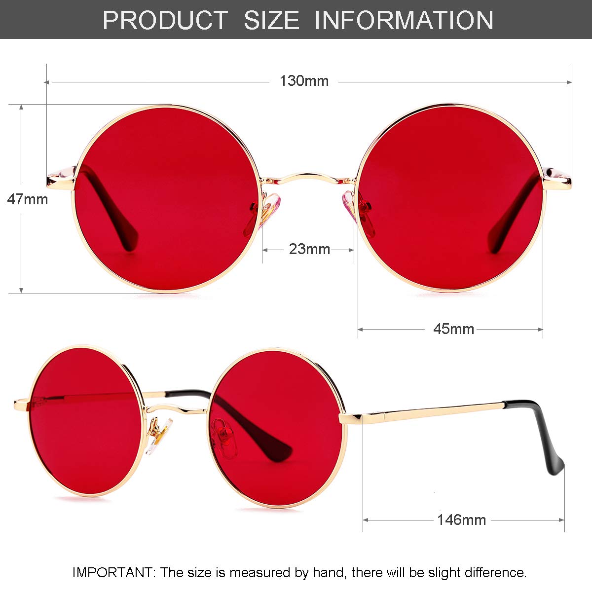 Gleyemor Polarized Round Sunglasses for Men Women Hippie Small Circle Glasses Red Yellow Lenses