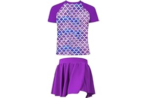 METEORITO Girls Rashguard Set Flowy Skirt with Butterfly Short Print Short Sleeve Shirt Non-See Through Swimsuit 3-12 Years