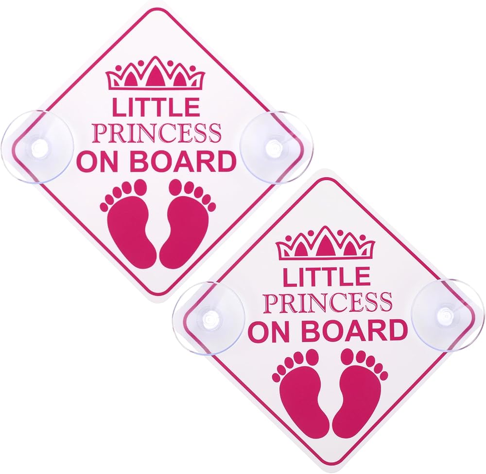 Amabro Little Princess on Board Warning Signs 2pc Pink 5x5in 4 Suction Cups