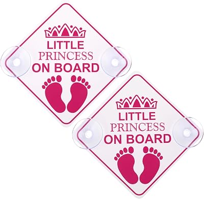 Amabro Little Princess on Board Warning Signs 2pc Pink 5x5in 4 Suction Cups
