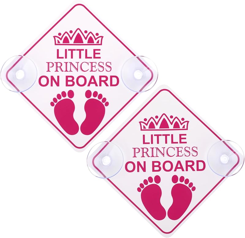 Amabro Little Princess on Board Warning Signs 2pc Pink 5x5in 4 Suction Cups