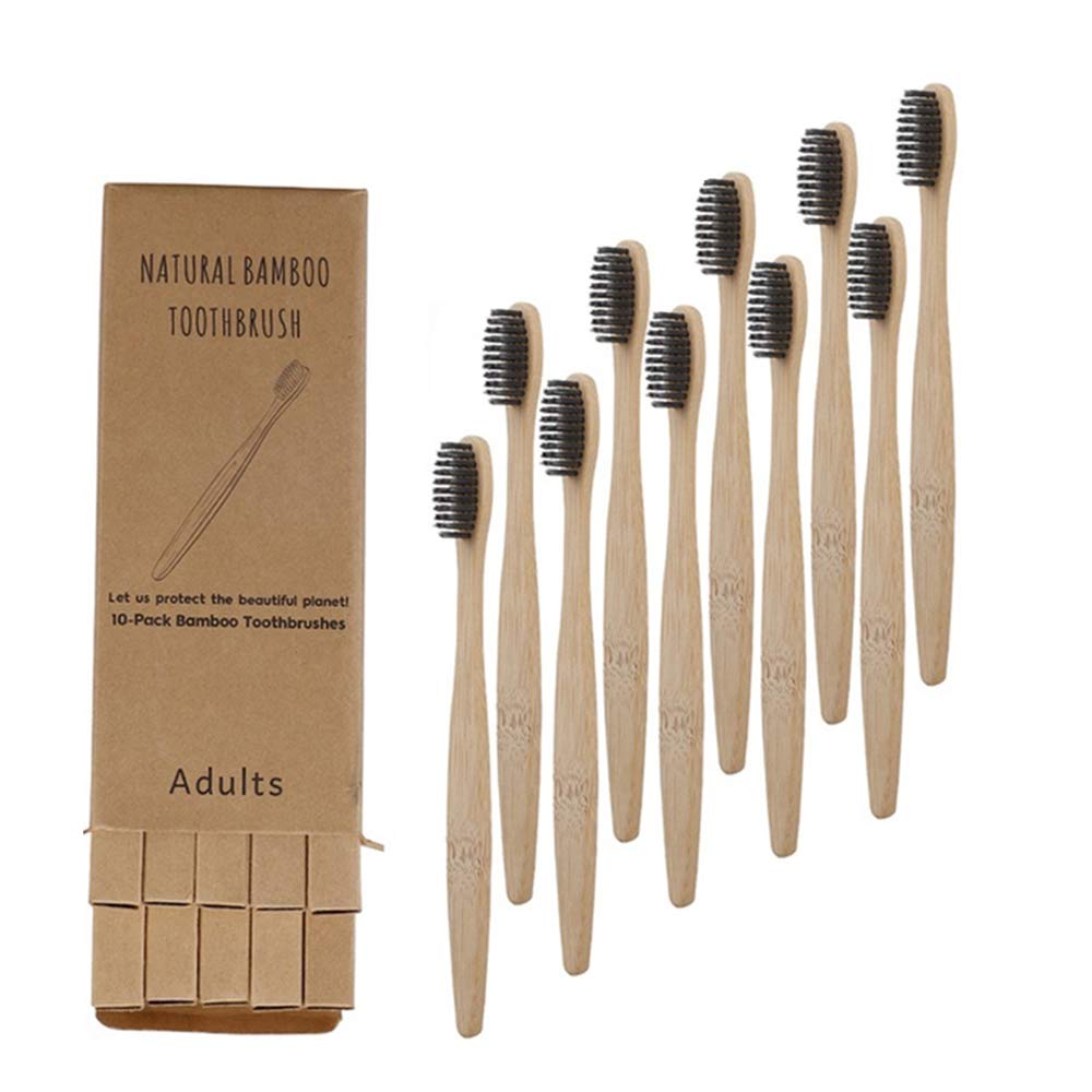 Bamboo Toothbrushes, Charcoal Medium to Soft Bamboo Toothbrushes, Biodegradable Fibre, Pack of 10 Biodegradable Families, Eco-Friendly Toothbrush without Handle