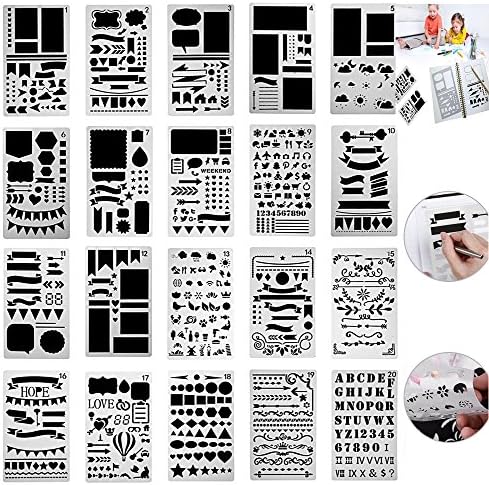 OffBiz Bullet Jurnal Lettering Stencil Journaling Set 20 Pcs Letter Drawing Painting Alphabet Number Craft Ruler Template for Scrapbooking Card Projects Plastic Planner Daily Book