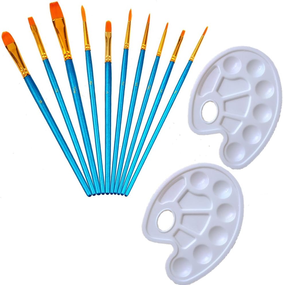 Art Artist Acrylic Paint Brush Set Oil Watercolor Rock Face Nail Fine Detail Painting Brush 10 Pieces with 2 Palettes, Colorsky
