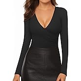 MANGOPOP Women's Cross Wrap Ruched Plunge Sexy Deep V Neck Slim Fit Long Sleeve Fleece Lined T Shirt Tunic Tops Tee