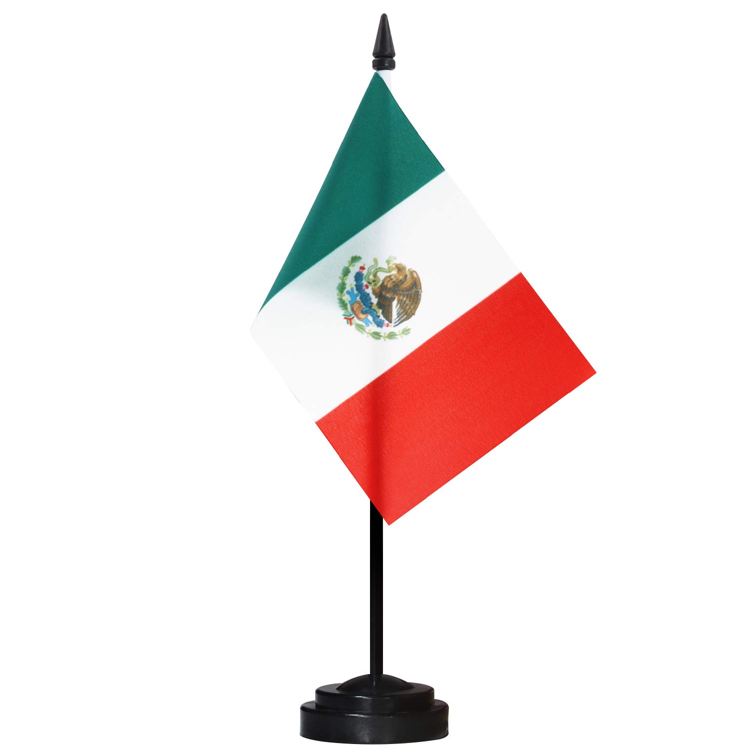 Photo 1 of Anley Mexico Deluxe Desk Flag Set - 6 x 4 Inch Miniature Mexican Desktop Flag with 12" Solid Pole - Vivid Color and Fade Resistant - Black Base and Spear Top