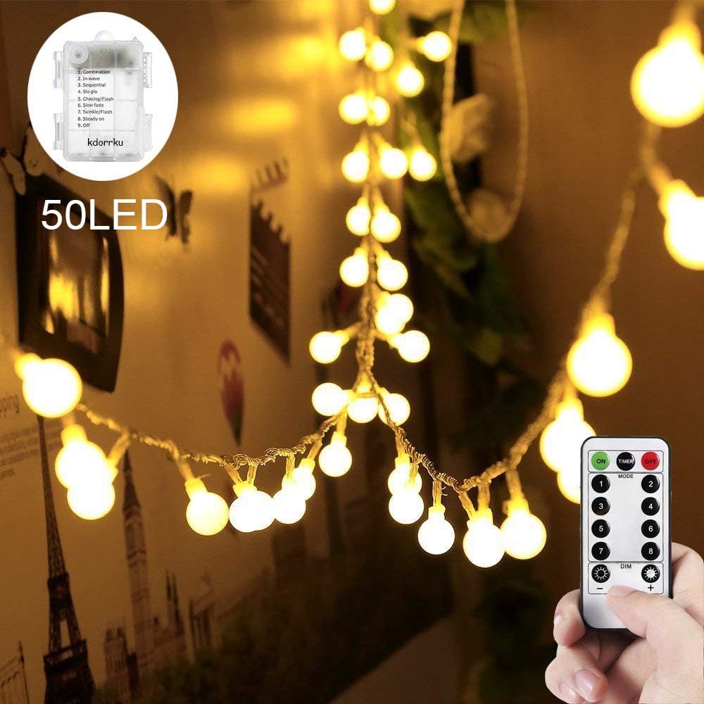 LED String Lights, kddorku 5M 50LED Indoor Globe Battery String Lights Outdoor Fairy Lights 17Ft 8 Modes IP65 Waterproof Garden Light for Festoon Party/Wedding/Outside Backyard Decoration(Warm White) [Energy Class A++]