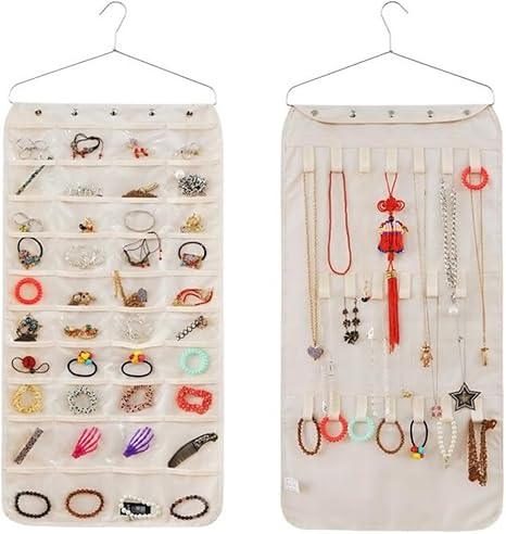 Amazon アクセサリー収納 Yifan デュアルなサイドのハンガーでpvcリンクすることができますジュエリーオーガナイザー収納袋 家庭用アクセサリー ホルダーの40ポケットフックのループを織る ベージュ 収納用品 オンライン通販