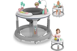 ERMEIRABBIT Baby Walker with Wheels, Baby Walkers and Activity Center with 5 Adjustable Heights, 360 Degree Swivel Seat, Music, Detachable Toys, Bounce Foot pad, Baby Walker for Boys and Girls from 6-18 Months