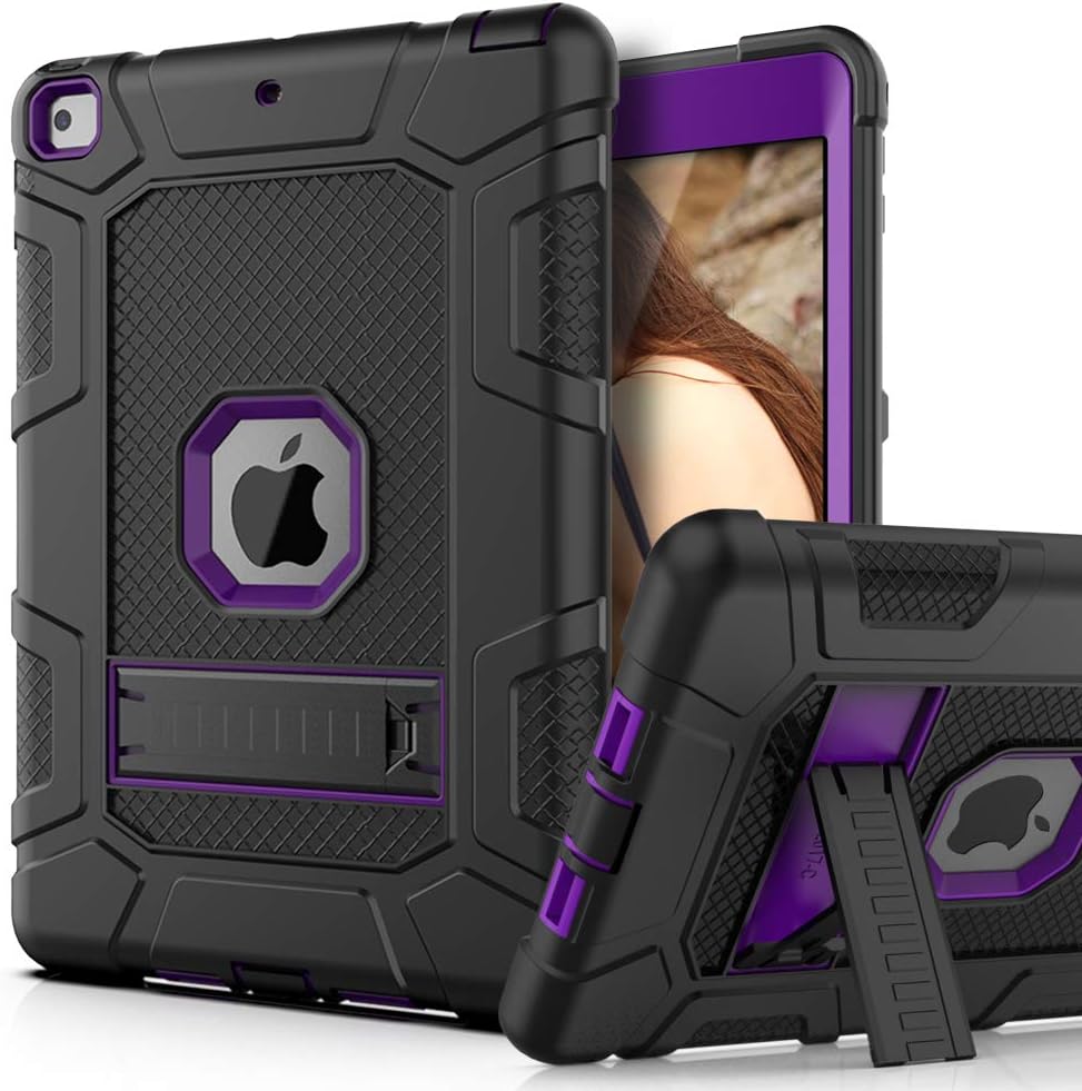 PBRO Case for iPad 9.7 2018/2017,iPad 9.7 iPad 5th / 6th Generation Shockproof Defender Kickstand Three Layer Protective Anti-Scratch Rugged Hybrid Case for iPad 2017/2018,Black Purple