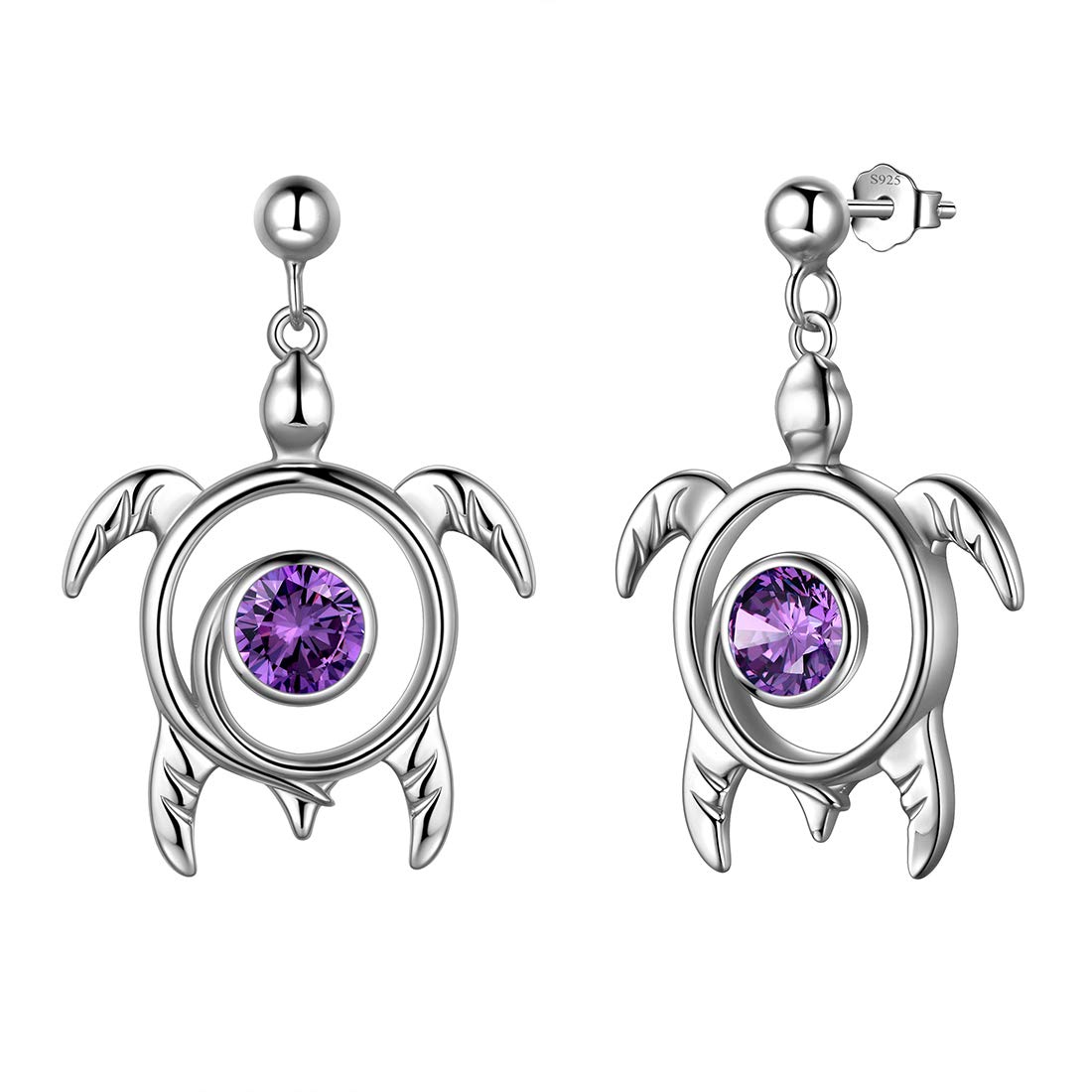Aurora Tears Turtle Stud Earrings 925 Sterling Sliver Animals Earring Purple Amethyst February Birthstone Jewellery Gifts with Cubic Zirconia for Women DE0246F