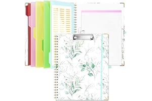 YUNOBLE Clipboard Folio with Notepad for Letter Size, Cute Spiral Clipboard Folder with Storage(12.8"x9.7"), 5-Tab Colorful Dividers with 10 Pockets, Pen Loop Series(White Fllower)