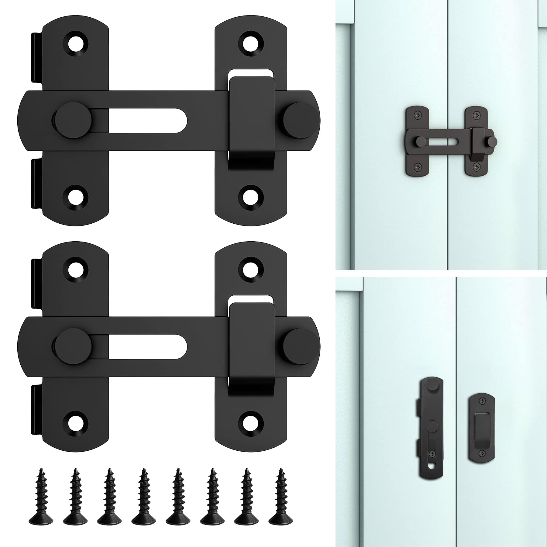 Outdoor Garden Wooden Door Lock, Heavy Duty Sliding Shed Latch Bolt, Door Barricade Bracket, Window Bolt, Stainless Steel Gate Lock for Fence, Barn, Garage, Summerhouse (2Pcs, Black)