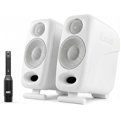 IK Multimedia Premium Version iLoud Micro Monitor Pro White (Pair) 50 Watt Portable & Powerful Reference Studio Monitor, Class D High-Efficiency Amplifier, Custom-Made Drivers for Music Mixing