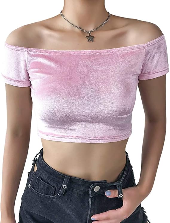 Alice_star Women Cute Off Shoulder Pink Crop Tee Velvet Slim Kawaii T-Shirt (M, Pink) at Amazon 