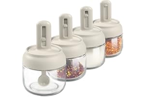 LELE LIFE 4 Pack Glass Seasoning Jars with Retractable Spoon and Lid, Air-Tight Seasoning Containers Spice Jars, 9oz Sugar Container Salt Cellar Box, Condiment Containers with Lids