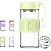 HENGFEI Glass Shaker Bottle for Protein Mixes,16oz Glass Shaker with Silicone Carry Handle, Strainer and Shaker Ball (Mint)