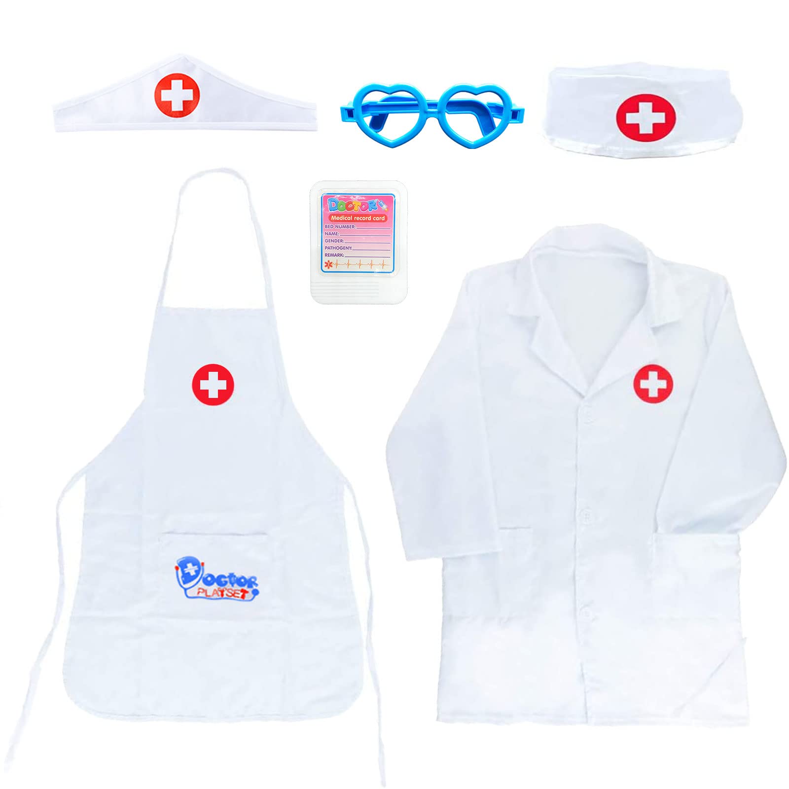 MIVAIUN 6 Pieces Doctor Set, Coat, Nurse Cap, Record Card, Glasses Playsets Educational Pretend Play Toys Fancy Dress Costume for Boys Girls (6 Pcs)