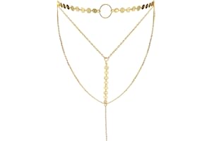 Suyi Stylish Layered Sequins Choker Necklace with Thin Long Chian Pendant for Women Lady