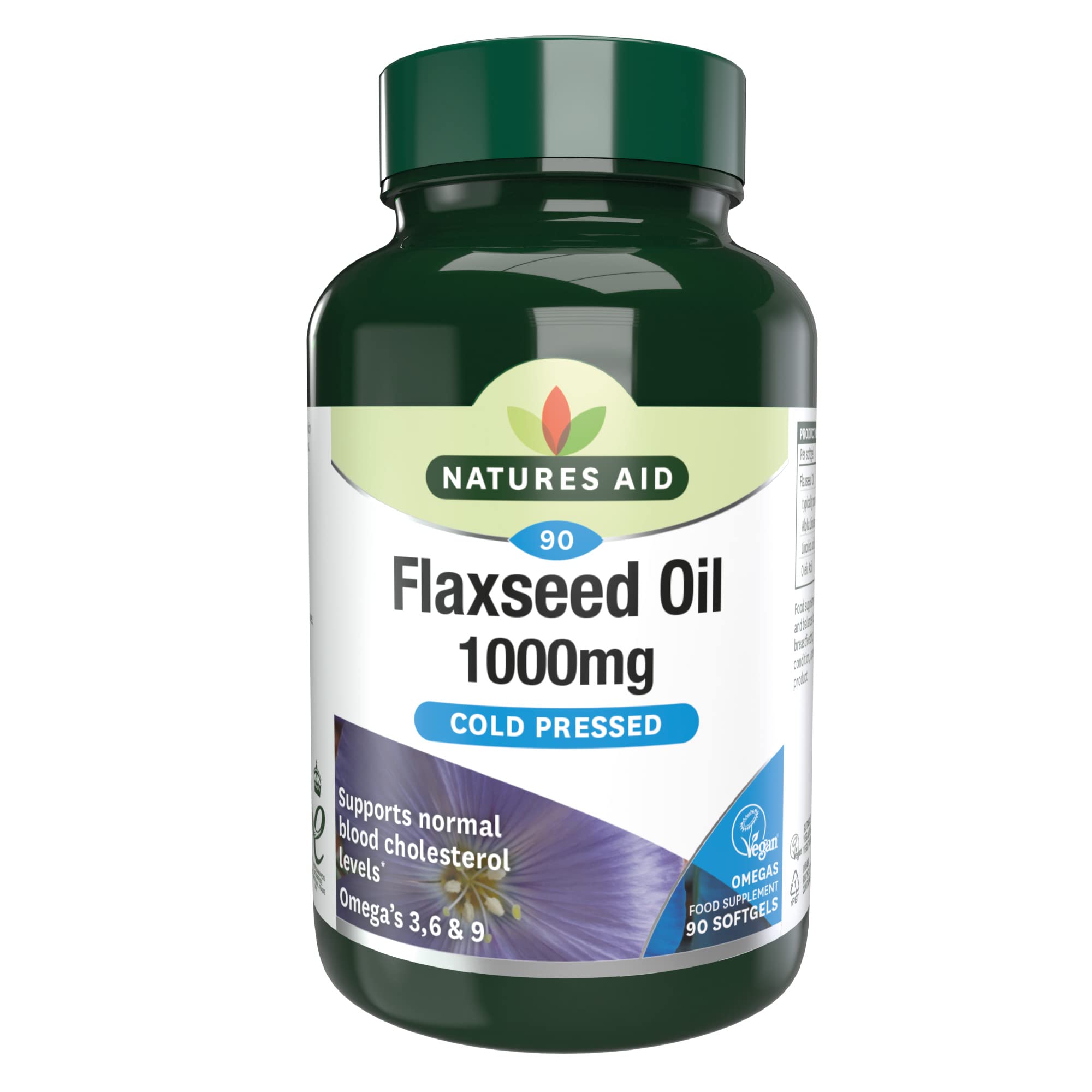 Natures Aid Flaxseed Oil 1000mg – High Strength Omega-3 Softgels – Supports Heart & Brain Function – Vegan, Non-GMO, Gluten-Free – Cold Pressed Essential Fatty Acids – 90 Capsules