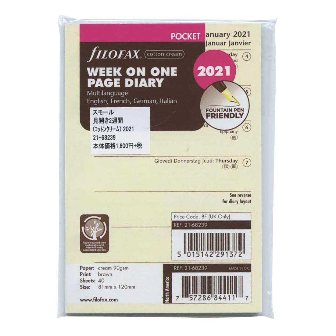 Filofax 2021 21-68239 week per page, 4 languages, cotton cream, one size