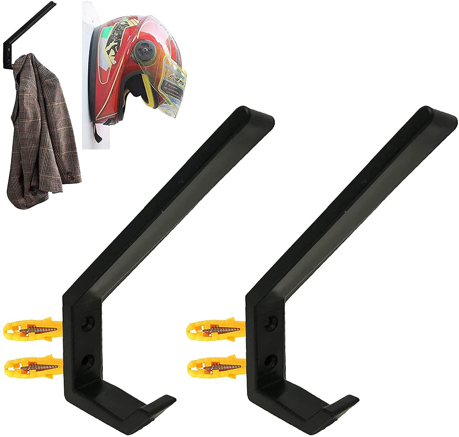 AUXPhome 2 Pack Motorcycle Helmet Hook Multi-Purpose Jacket Hanger Keys Bags Holder Wall Mount Rack Cloth Display Rack Hat Hook for Home Kitchen Door Cabinet - Hardware Included Easy to Install.