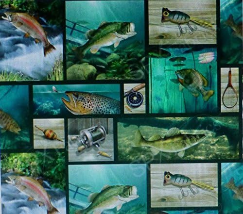 Lakeside Reflection~Fishng Pictures in Squares~ by SPX Farbrics~ Cotton Fabric