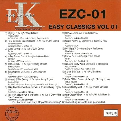 EZC-01 (Easy Classics Vol 01) on CDG disc - Part of the Easy Karaoke Classics range - Includes 18 tracks by Roy Orbison; John