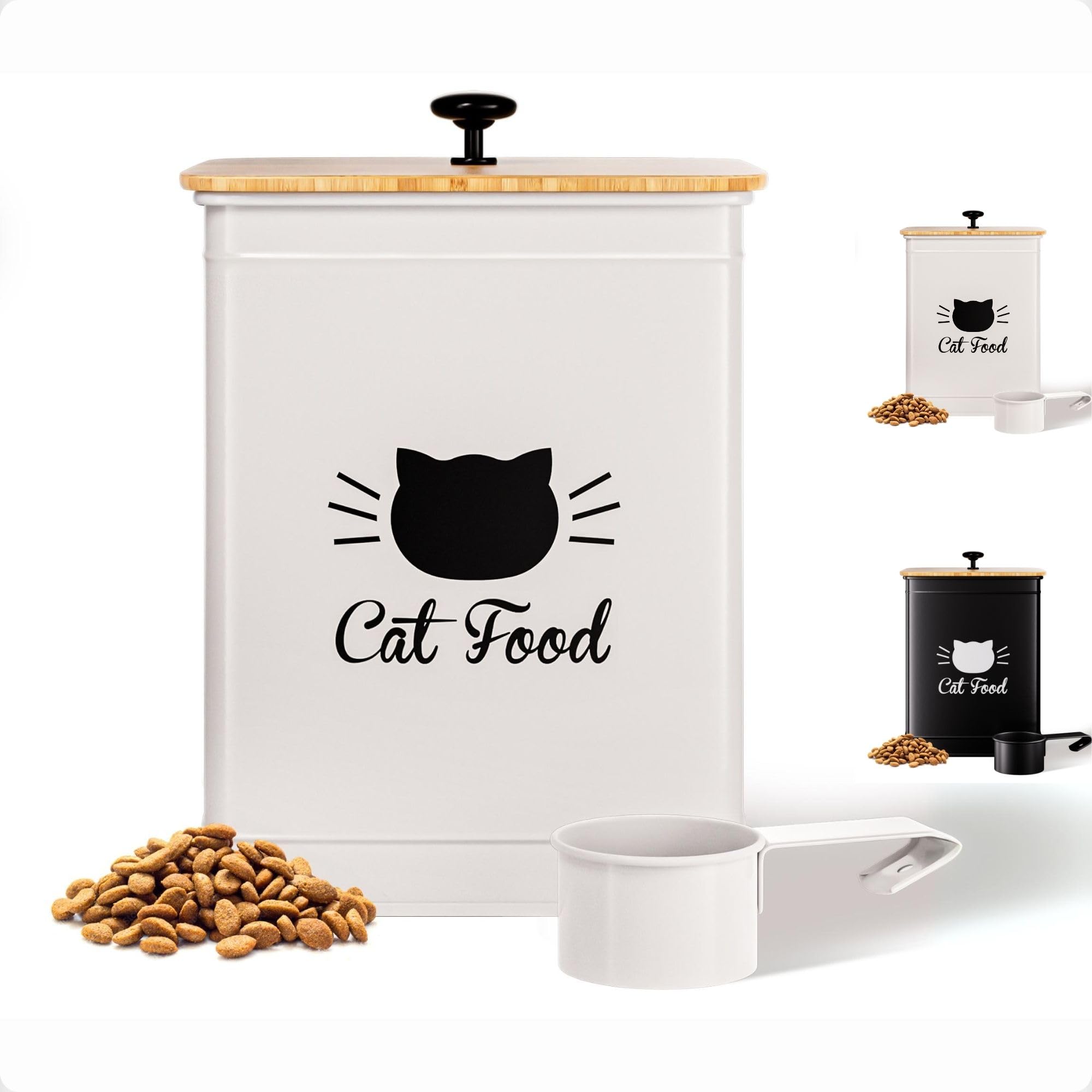 Photo 1 of Cat Food Storage Container with Scoop - 5-7 lb (25 Cup) Capacity Metal Cat Food Container with Airtight Bamboo Lid and Metal Scoop - Airtight Pet Food Storage Containers 5 lb - 7 lb Kibble Container