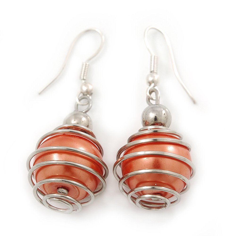 Apricot Faux Pearl Drop Earrings/Silver Tone/ 40mm L