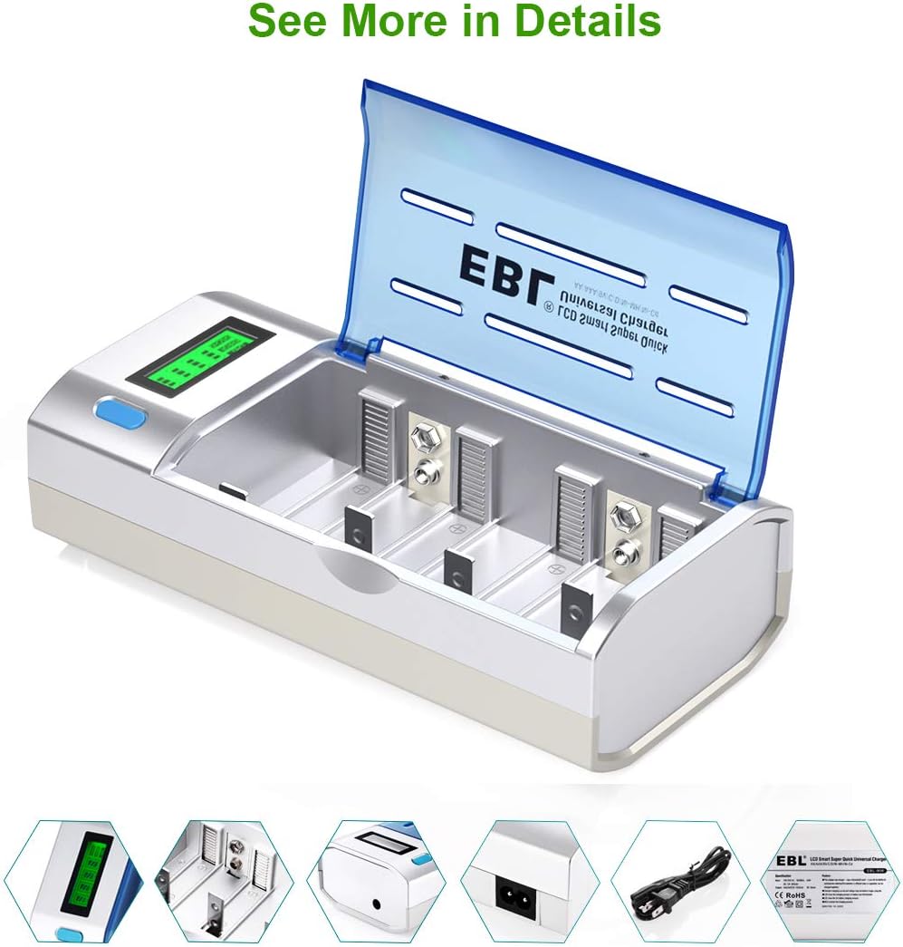 EBL Smart Battery Charger for C D AA AAA 9V Ni-MH Ni-CD Rechargeable Batteries with Discharge Function & LCD Display: Home Audio & Theater