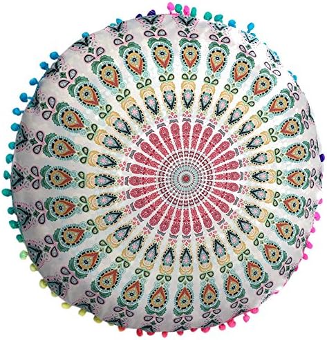 Xinhuaya 17" Round Pillow Cover, Decorative Mandala Pillow Sham, Indian Bohemian Pillow Cases, Linen Cotton Outdoor Cushion Cover