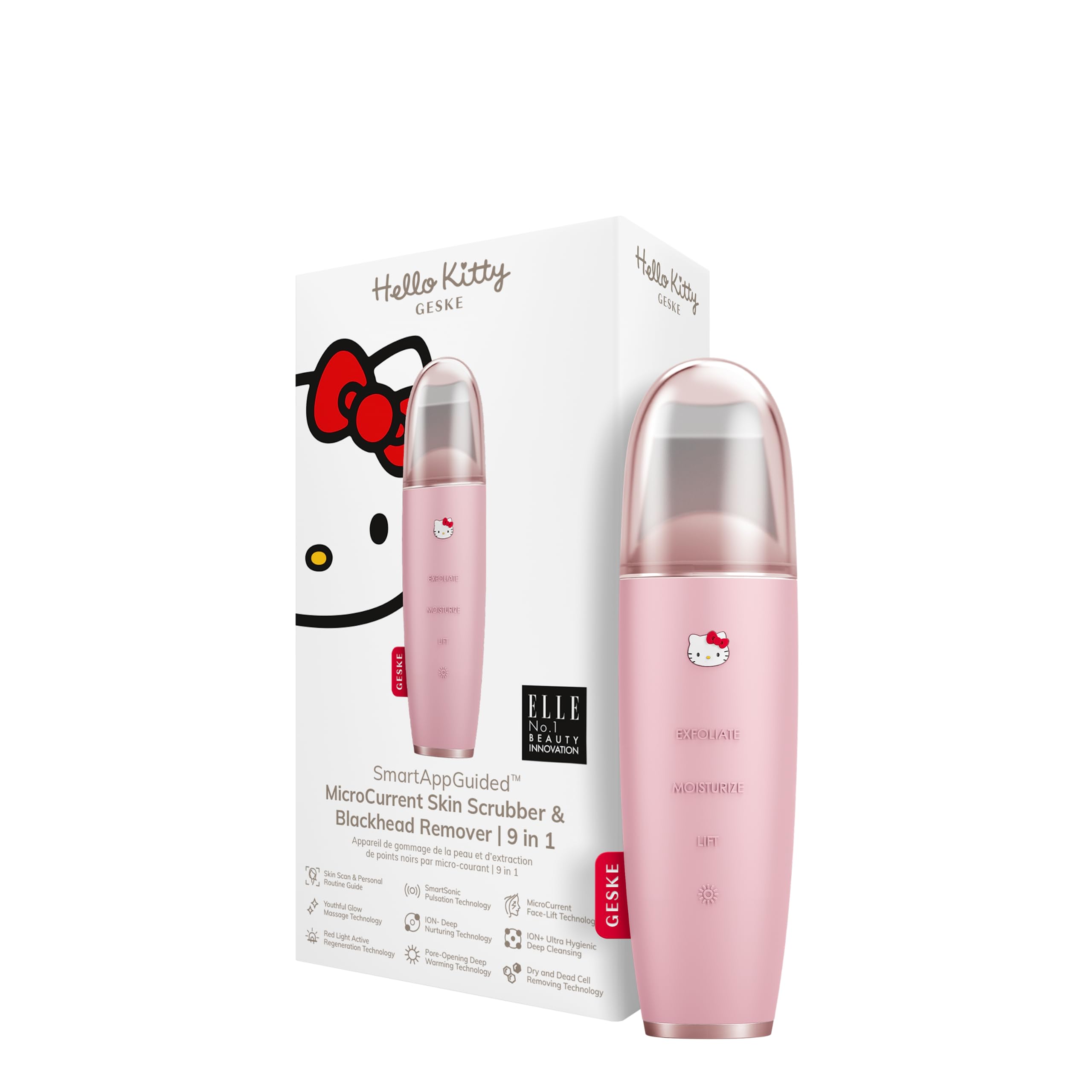 GESKE x Hello Kitty SmartAppGuided™ MicroCurrent Skin Scrubber & Blackhead Remover | 9 in 1 | Skincare tool | Pores cleaner | Anti-aging & cleansing | Professional face lift | Blackheads removal