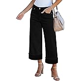 GRAPENT Wide Leg Jeans for Women High Waisted Stretchy Denim Crop Pants Fold Hem Cropped Baggy Jeans with Pockets