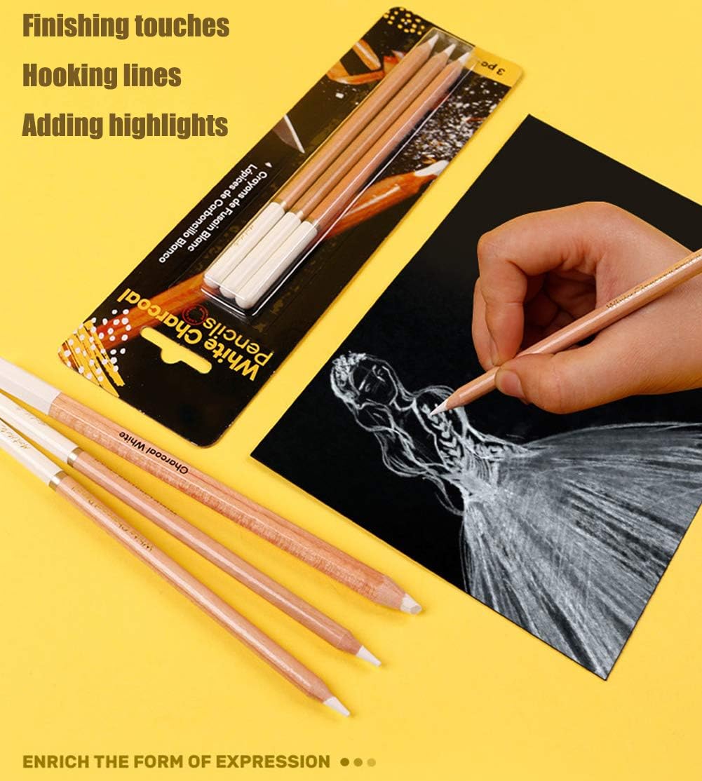 XINCHIA White Charcoal Pencils 3 PCS Sketching Drawing Pencil Set Highlight Pastel Pencil Painting Special White Charcoal Sticks Set Carbon Pencils 4mm for Drawing Art - Image 3