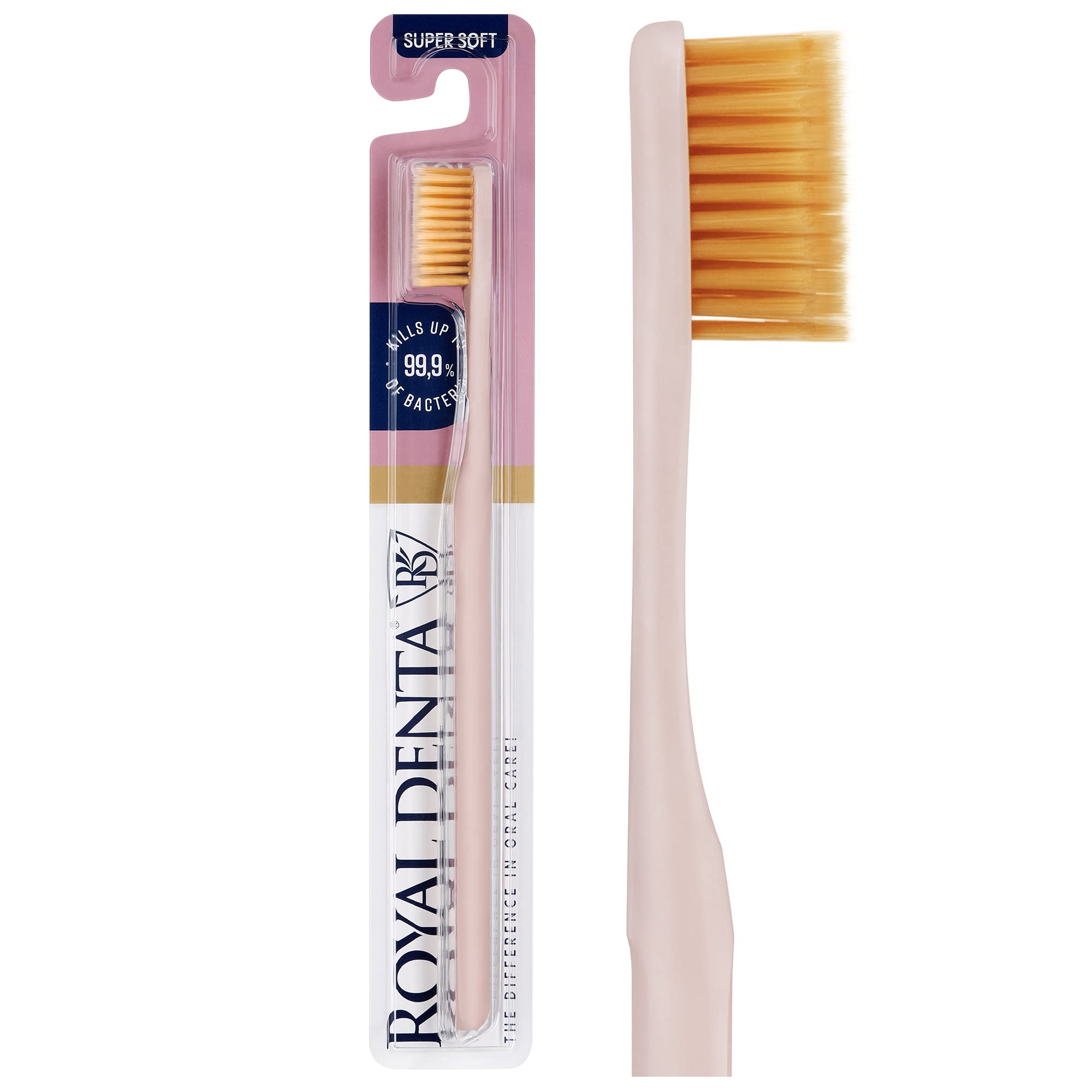 Royal Denta Very Soft Pink Toothbrush for Adults, Extra Soft Bristle Manual Tooth Brush for Sensitive Teeth and Gums with Dual Length Gold Infused Bristles, Made in Korea